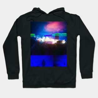 Cyborg Astronaut Gazing and Lit-up City Glitch Art Hoodie